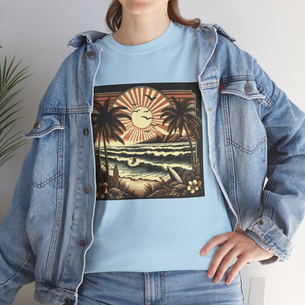 Retro Tropical Beach T-Shirt — Vintage Palm Sunset Graphic Tee