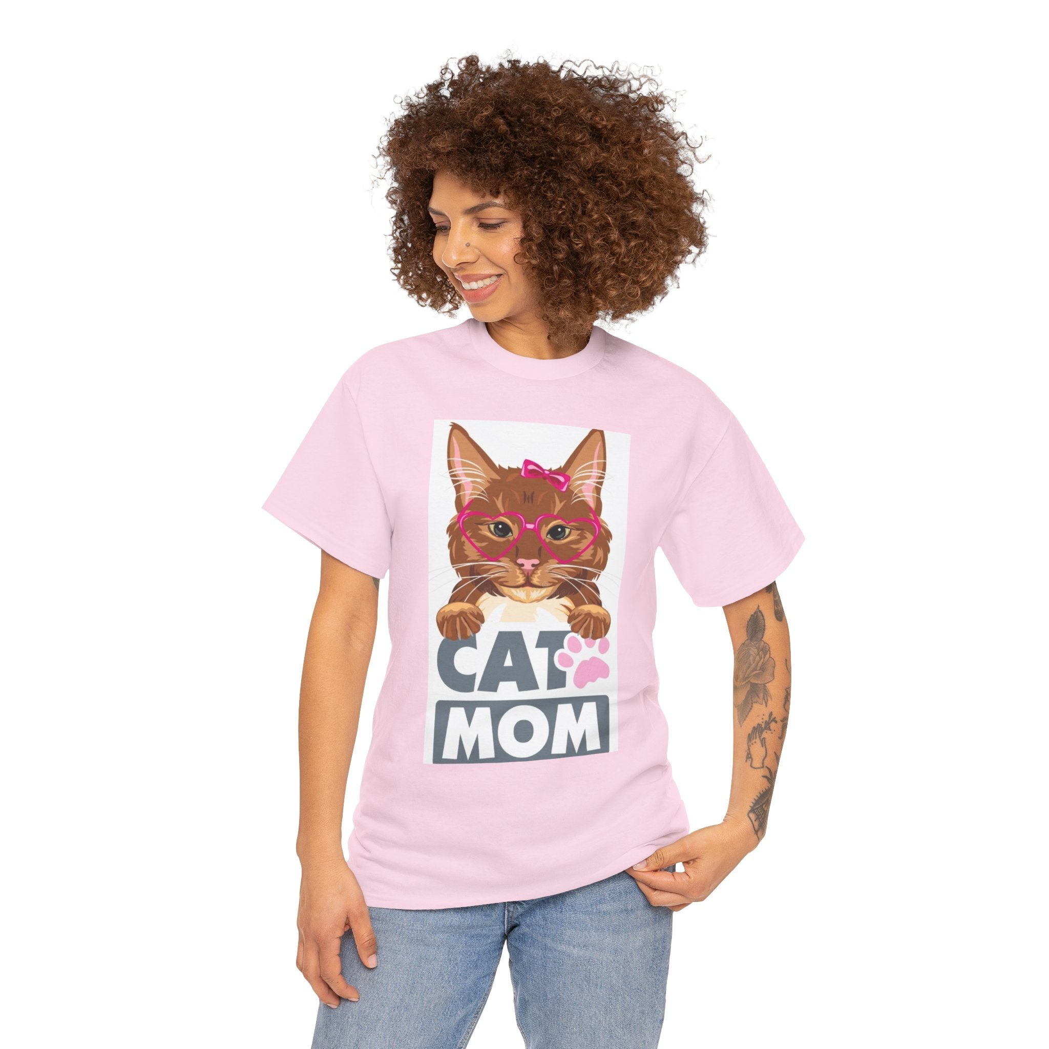 Cat Mom T-Shirt — Cute Cat Face Graphic Tee with "CAT MOM" Paw Print