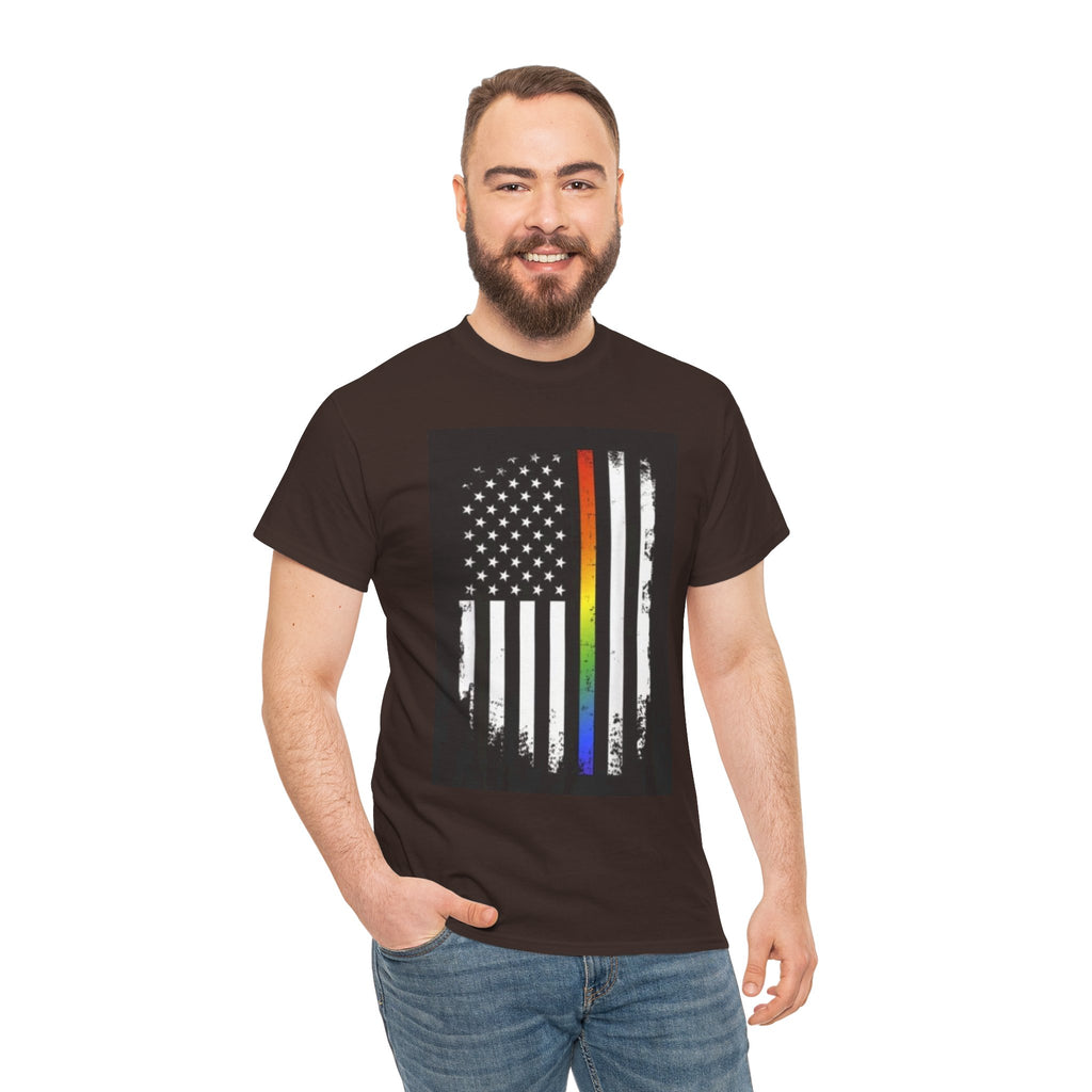 LGBTQ+ Pride Flag T‑Shirt — Distressed American Flag with Rainbow Stripe