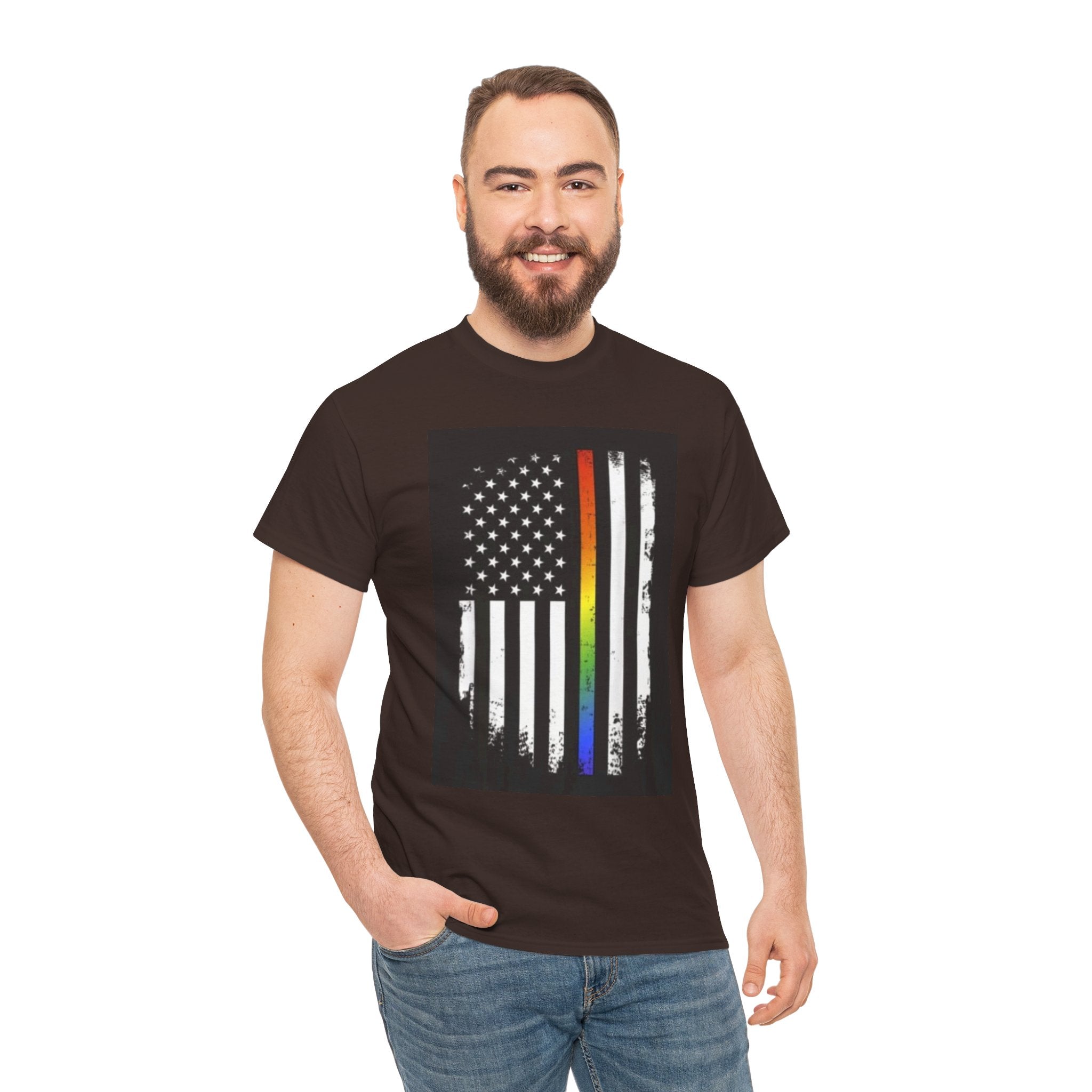 LGBTQ+ Pride Flag T‑Shirt — Distressed American Flag with Rainbow Stripe