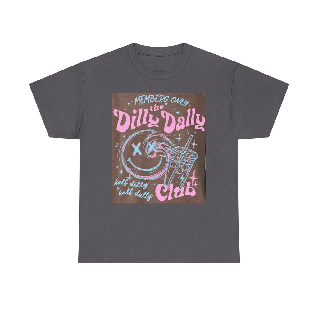Dilly Dally Club Graphic Tee — Retro Pastel Drink & Moon Design