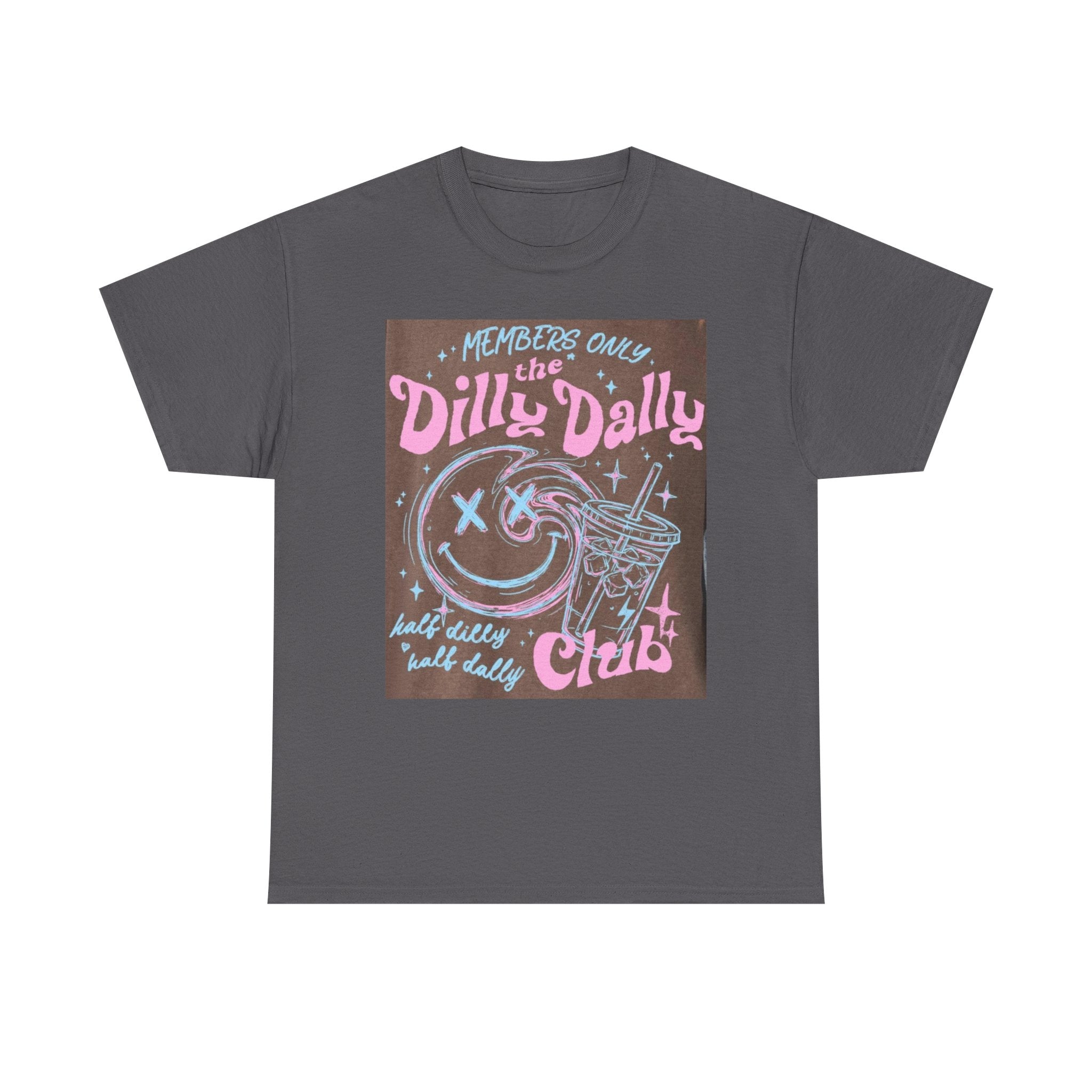 Dilly Dally Club Graphic Tee — Retro Pastel Drink & Moon Design
