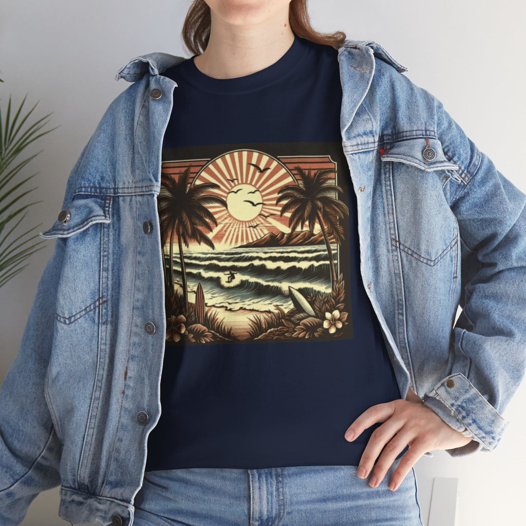 Retro Tropical Beach T-Shirt — Vintage Palm Sunset Graphic Tee