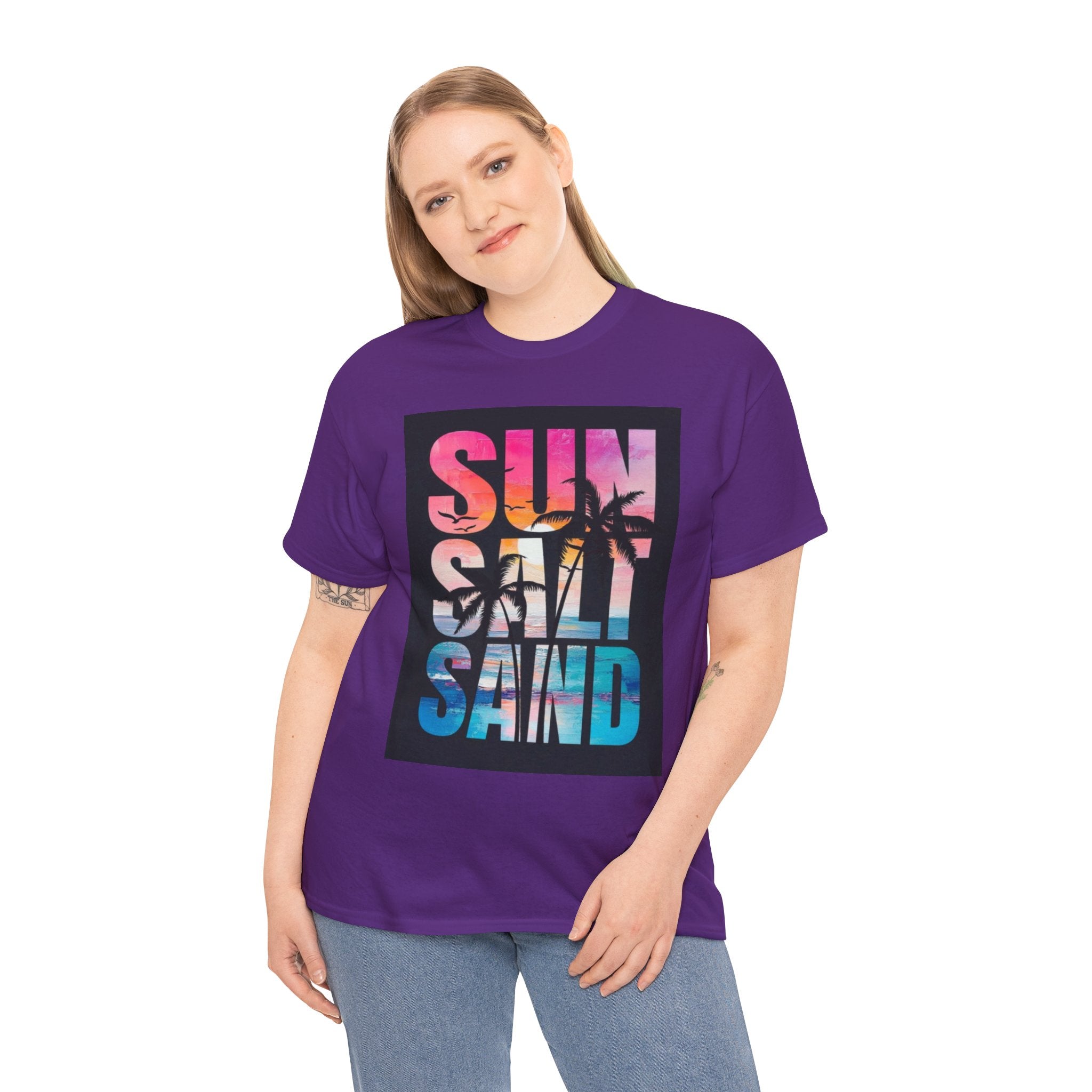 Sun Salt Sand Beach T-Shirt — Tropical Palm Sunset Graphic Tee