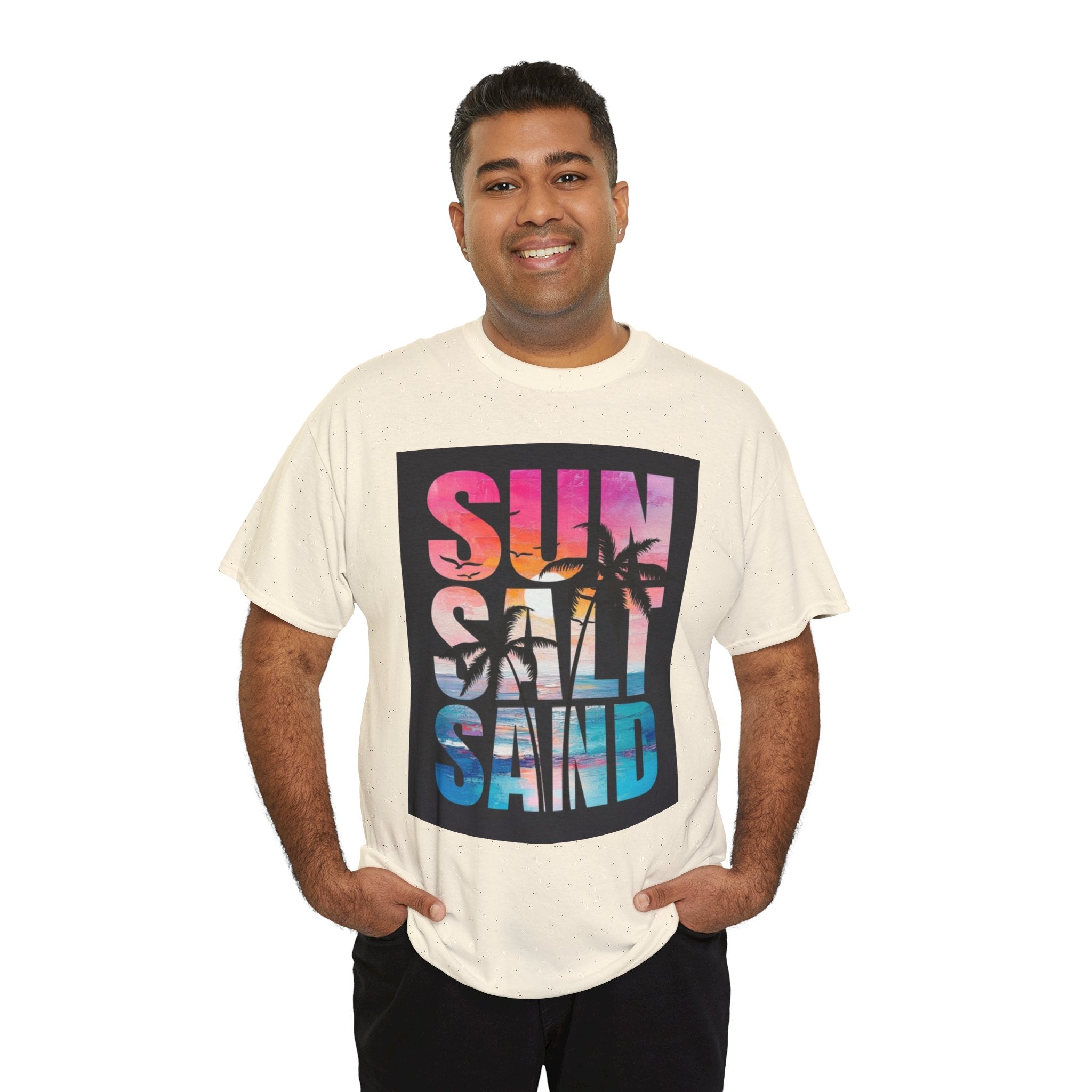 Sun Salt Sand Beach T-Shirt — Tropical Palm Sunset Graphic Tee