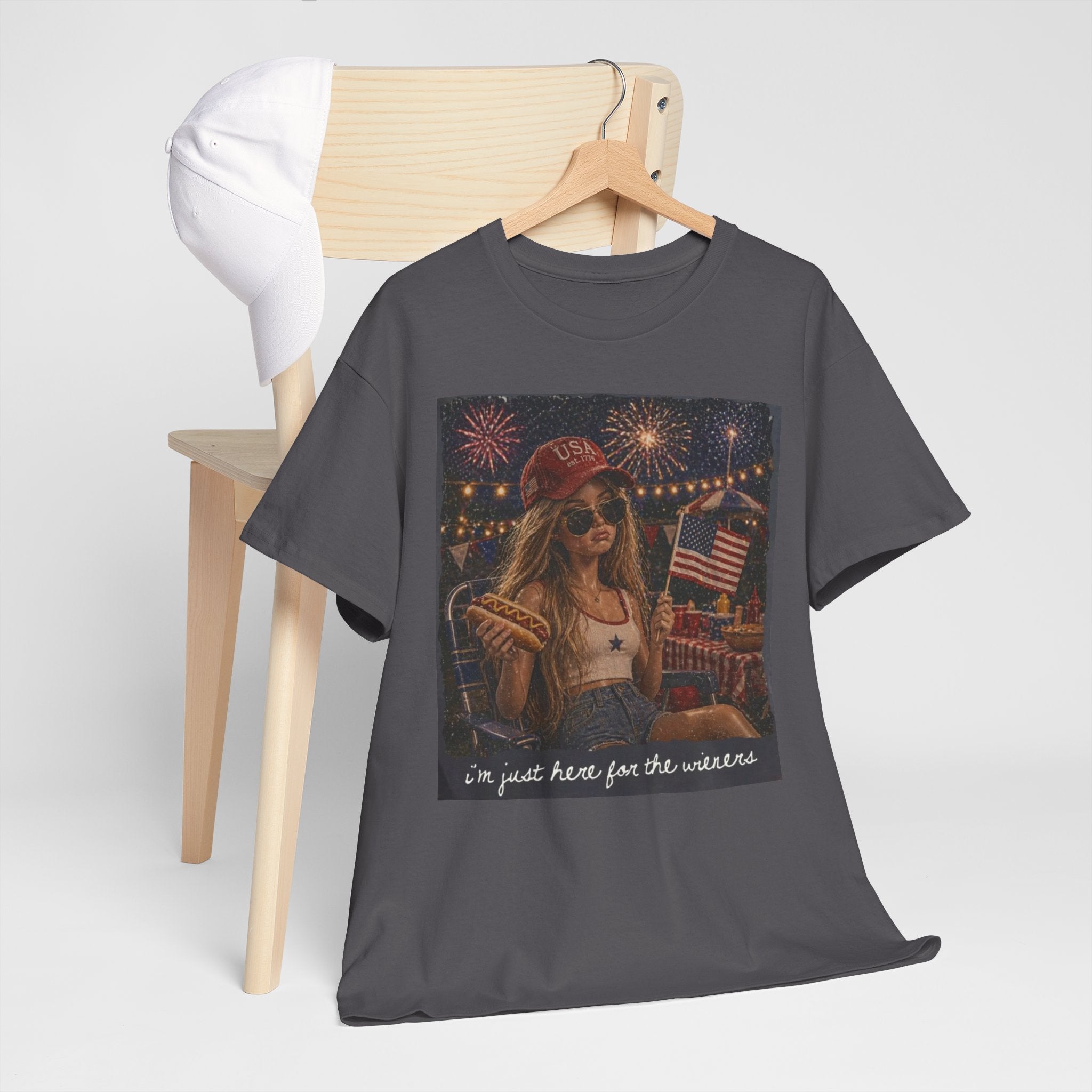 Patriotic Girl Graphic Tee — "I'm Just Here for the Fireworks" 4th of July Shirt