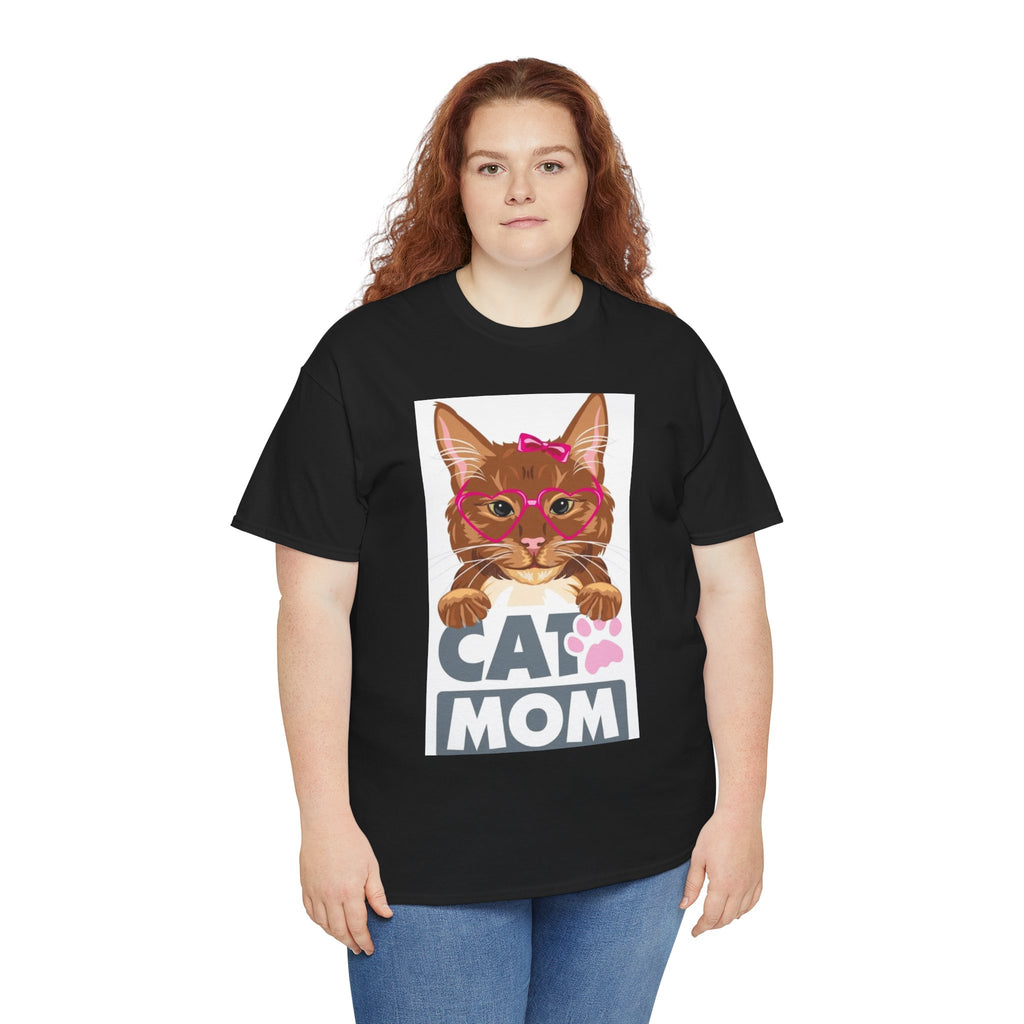 Cat Mom T-Shirt — Cute Cat Face Graphic Tee with "CAT MOM" Paw Print