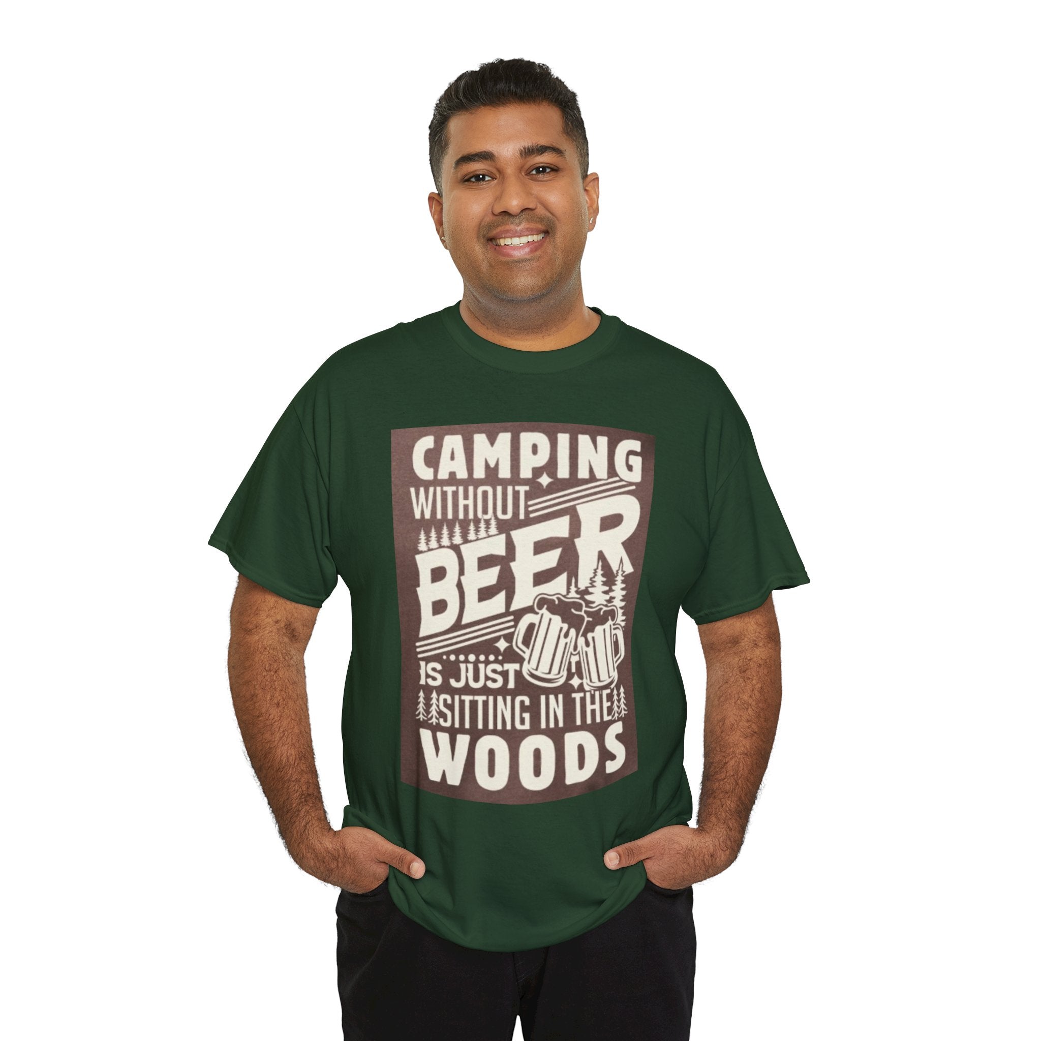 Camping Beer T-Shirt — "Camping Without Beer Is Just Sitting in the Woods" Outdoor Campfire Tee