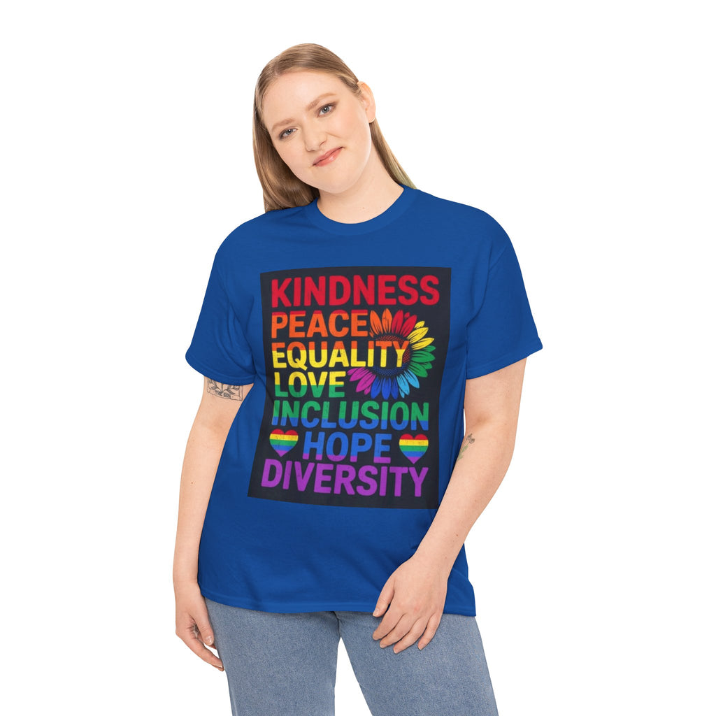 Kindness Peace Equality Rainbow T-Shirt — Pride Inclusion & Diversity Tee