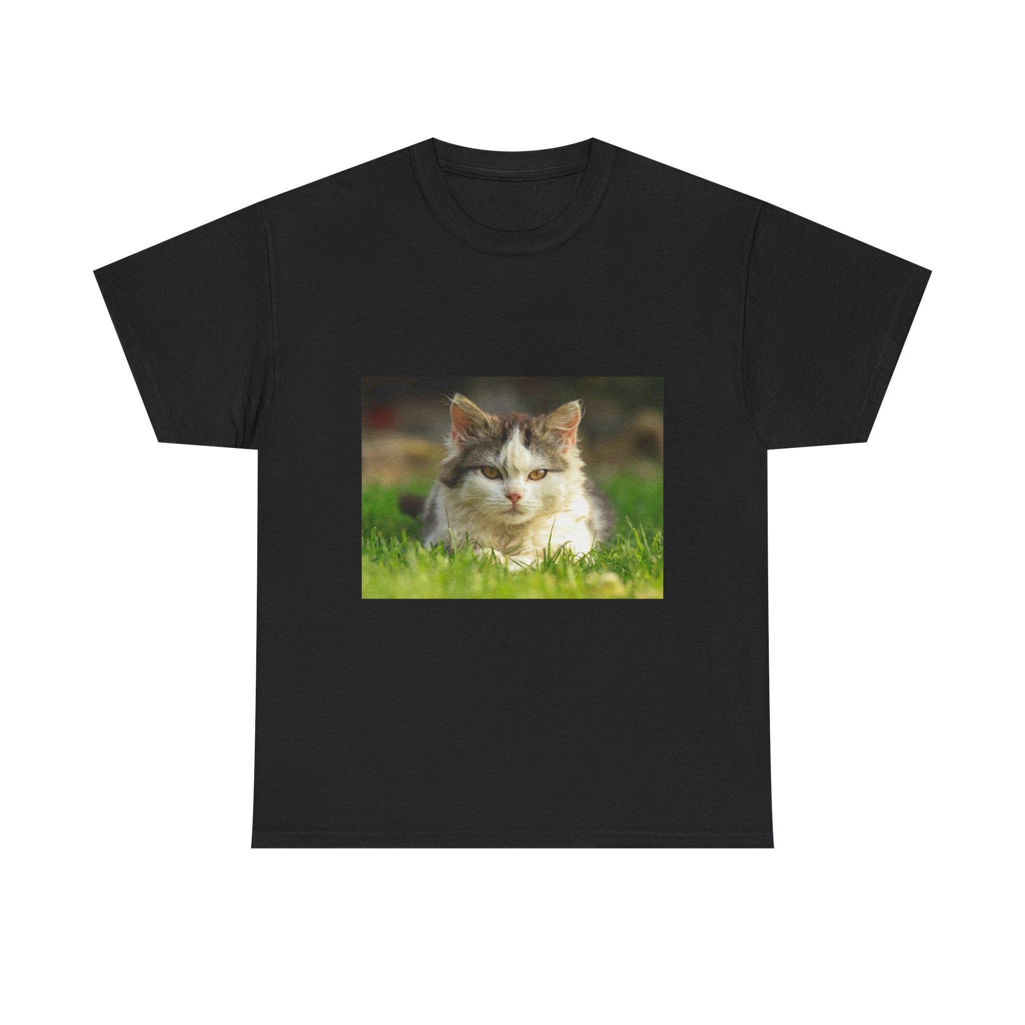 Cat Photo Tee — Relaxed Cat Lying in Grass T-Shirt