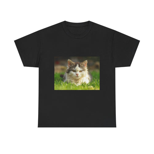 Cat Photo Tee — Relaxed Cat Lying in Grass T-Shirt