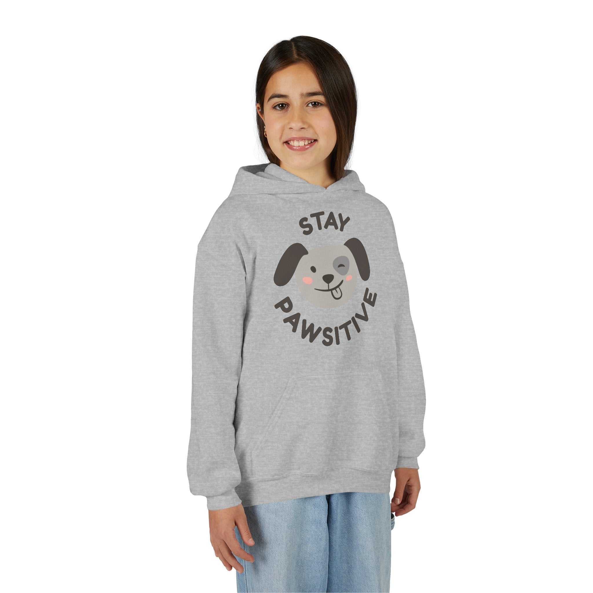 Stay Pawsitive Youth Hoodie – Cute Dog Graphic Kids Sweatshirt