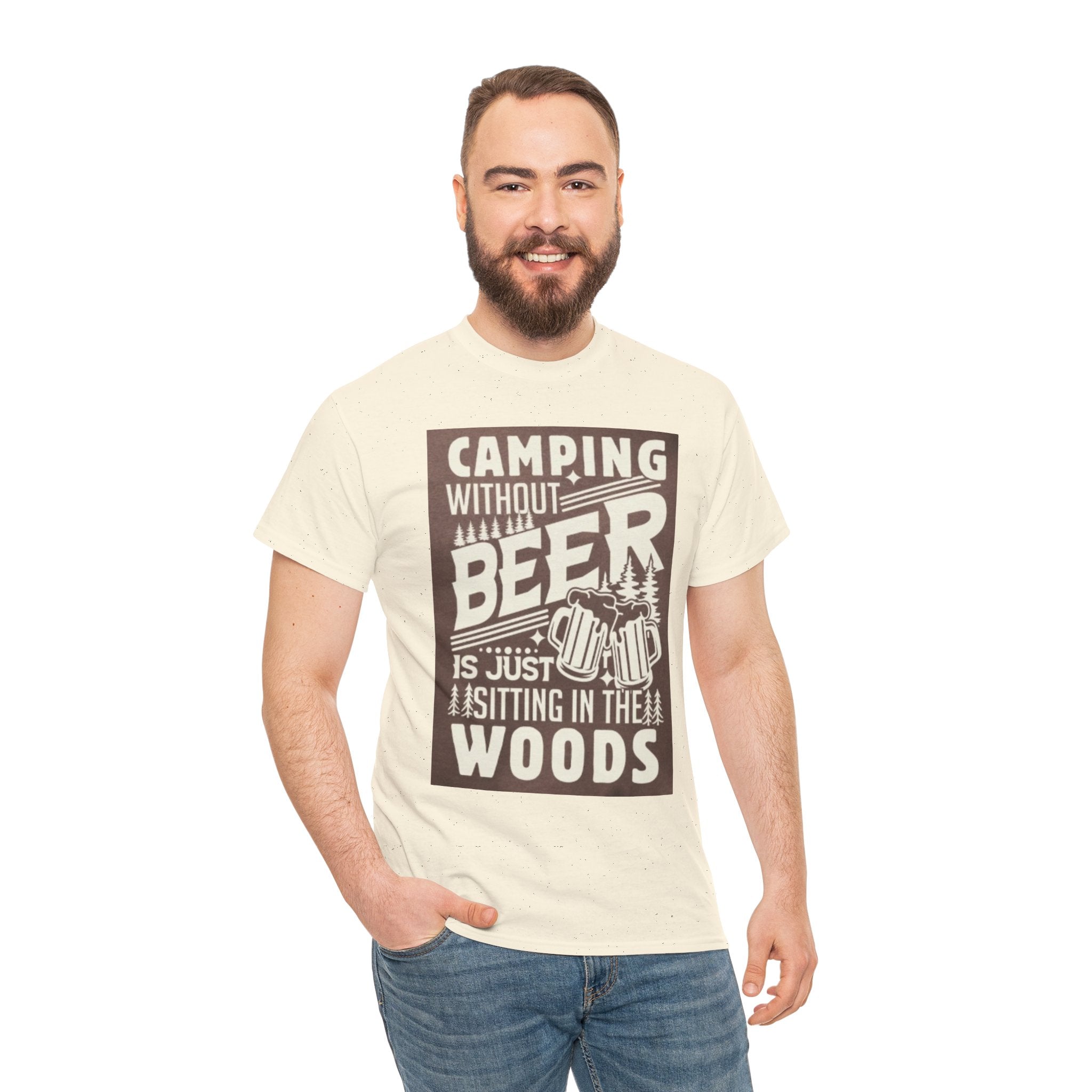 Camping Beer T-Shirt — "Camping Without Beer Is Just Sitting in the Woods" Outdoor Campfire Tee