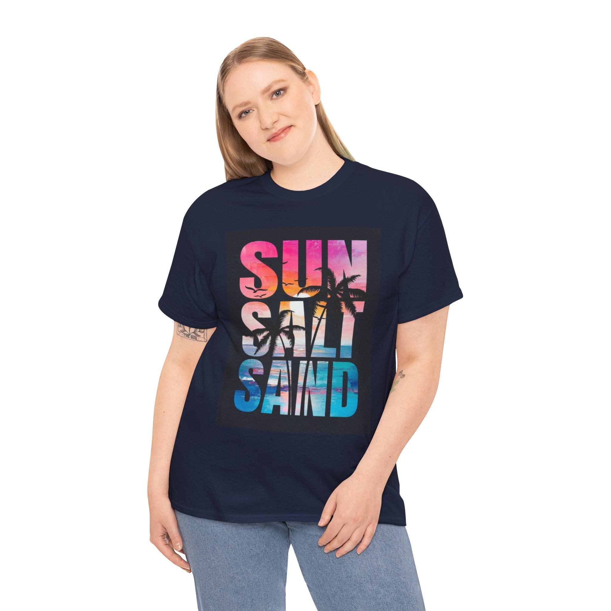 Sun Salt Sand Beach T-Shirt — Tropical Palm Sunset Graphic Tee