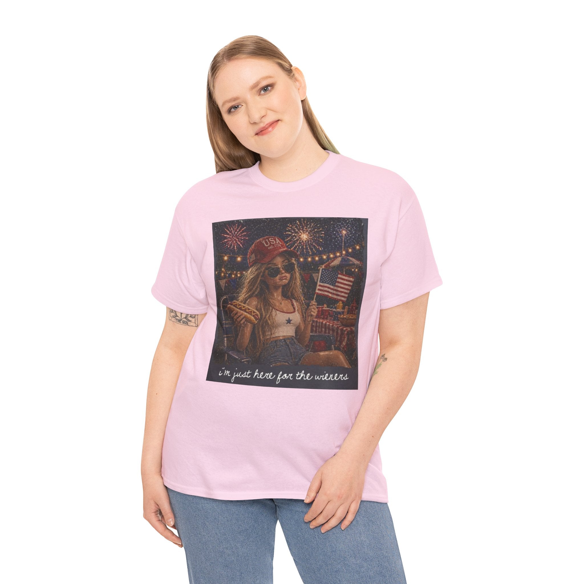 Patriotic Girl Graphic Tee — "I'm Just Here for the Fireworks" 4th of July Shirt
