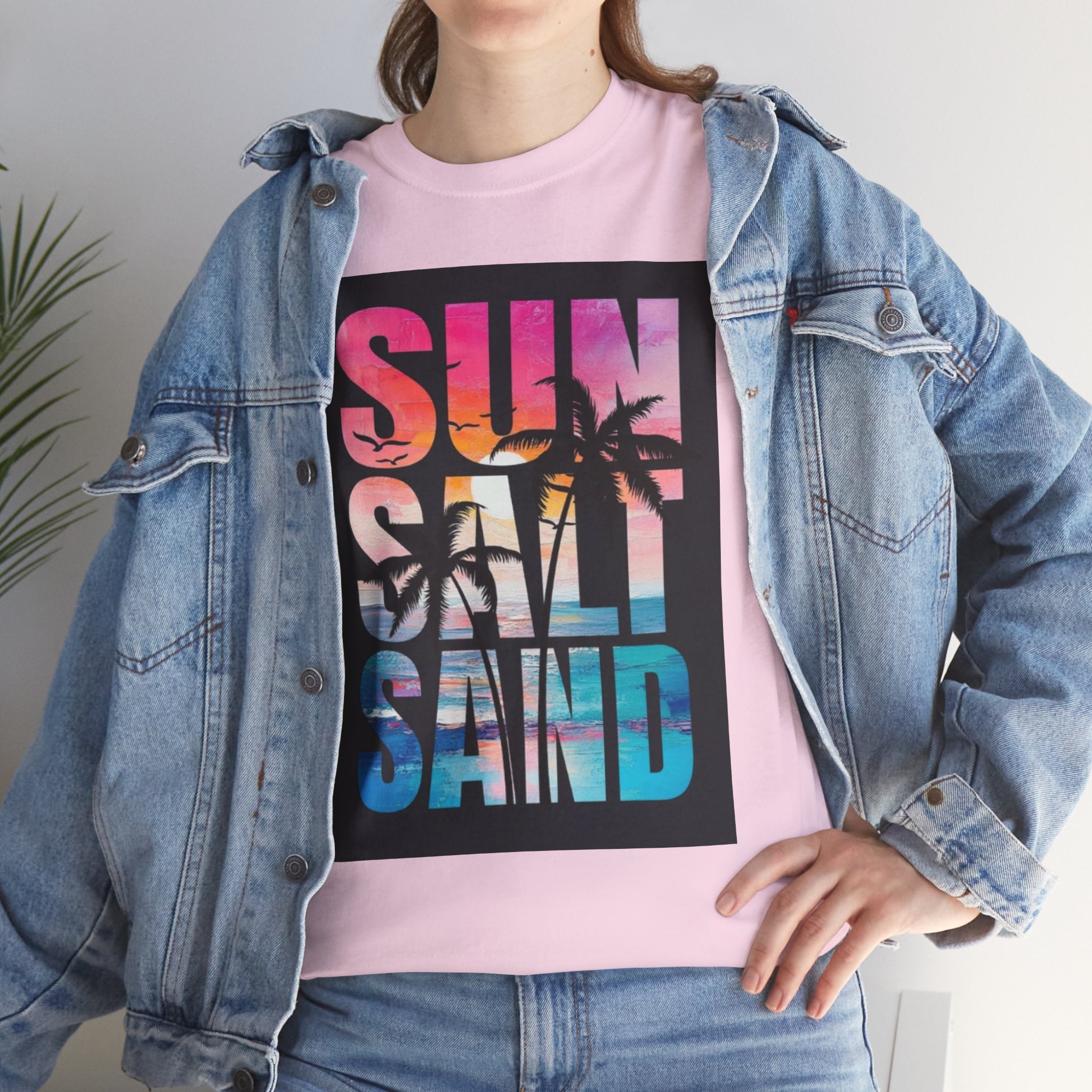 Sun Salt Sand Beach T-Shirt — Tropical Palm Sunset Graphic Tee