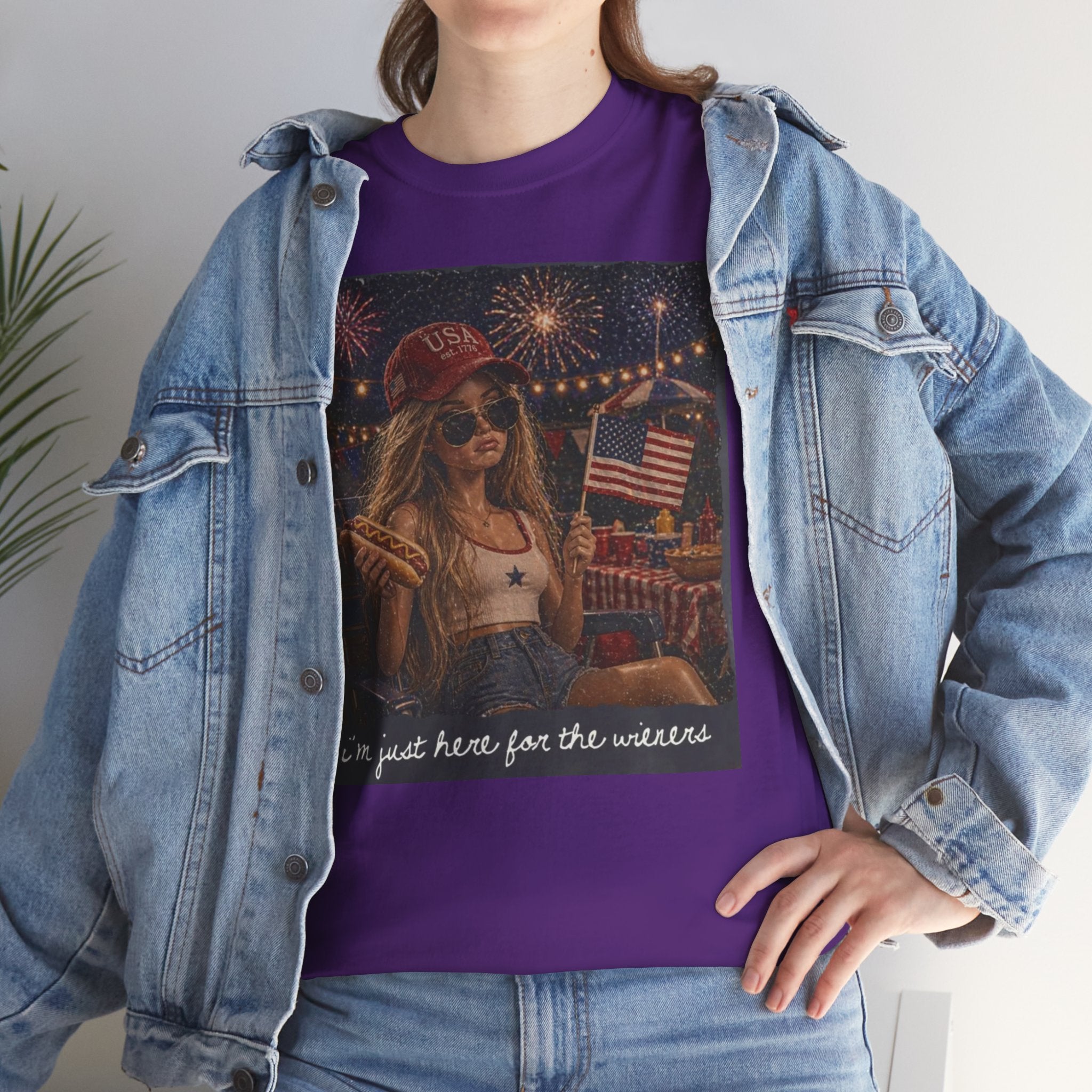 Patriotic Girl Graphic Tee — "I'm Just Here for the Fireworks" 4th of July Shirt