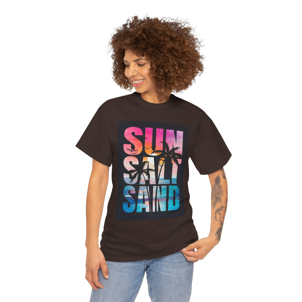 Sun Salt Sand Beach T-Shirt — Tropical Palm Sunset Graphic Tee