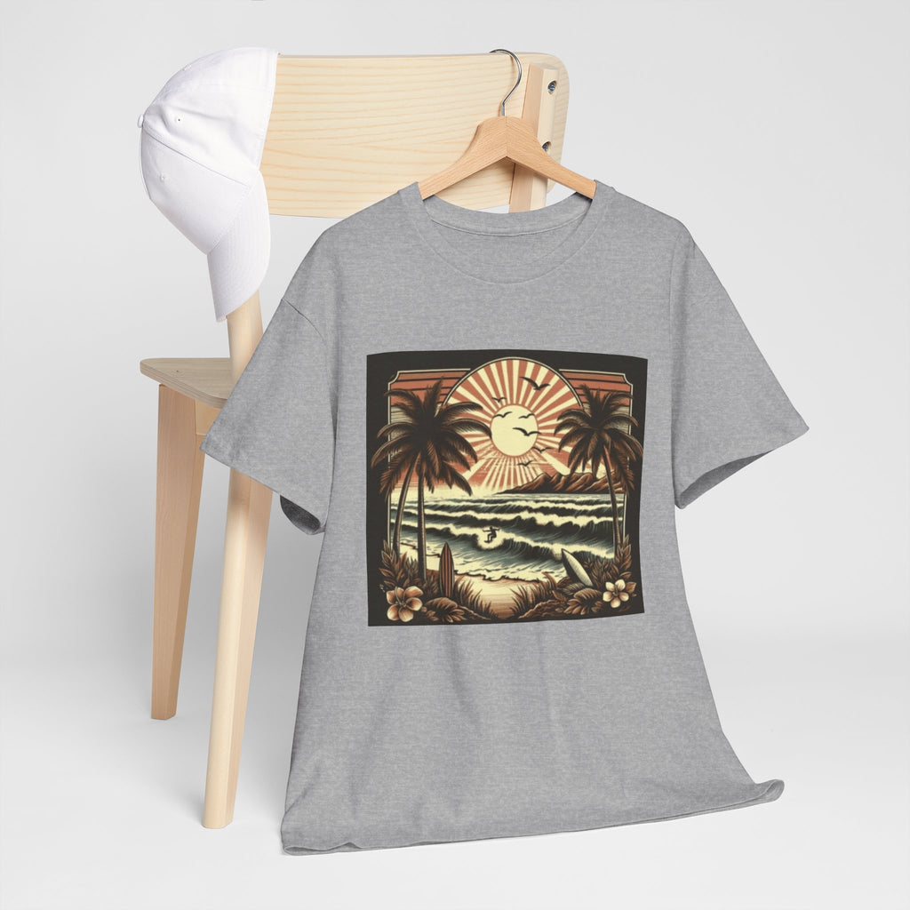 Retro Tropical Beach T-Shirt — Vintage Palm Sunset Graphic Tee