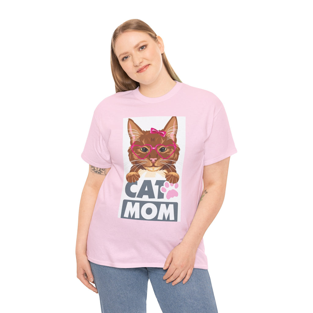 Cat Mom T-Shirt — Cute Cat Face Graphic Tee with "CAT MOM" Paw Print