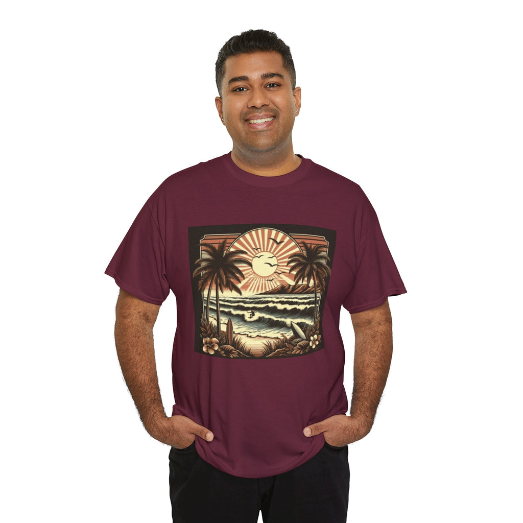 Retro Tropical Beach T-Shirt — Vintage Palm Sunset Graphic Tee