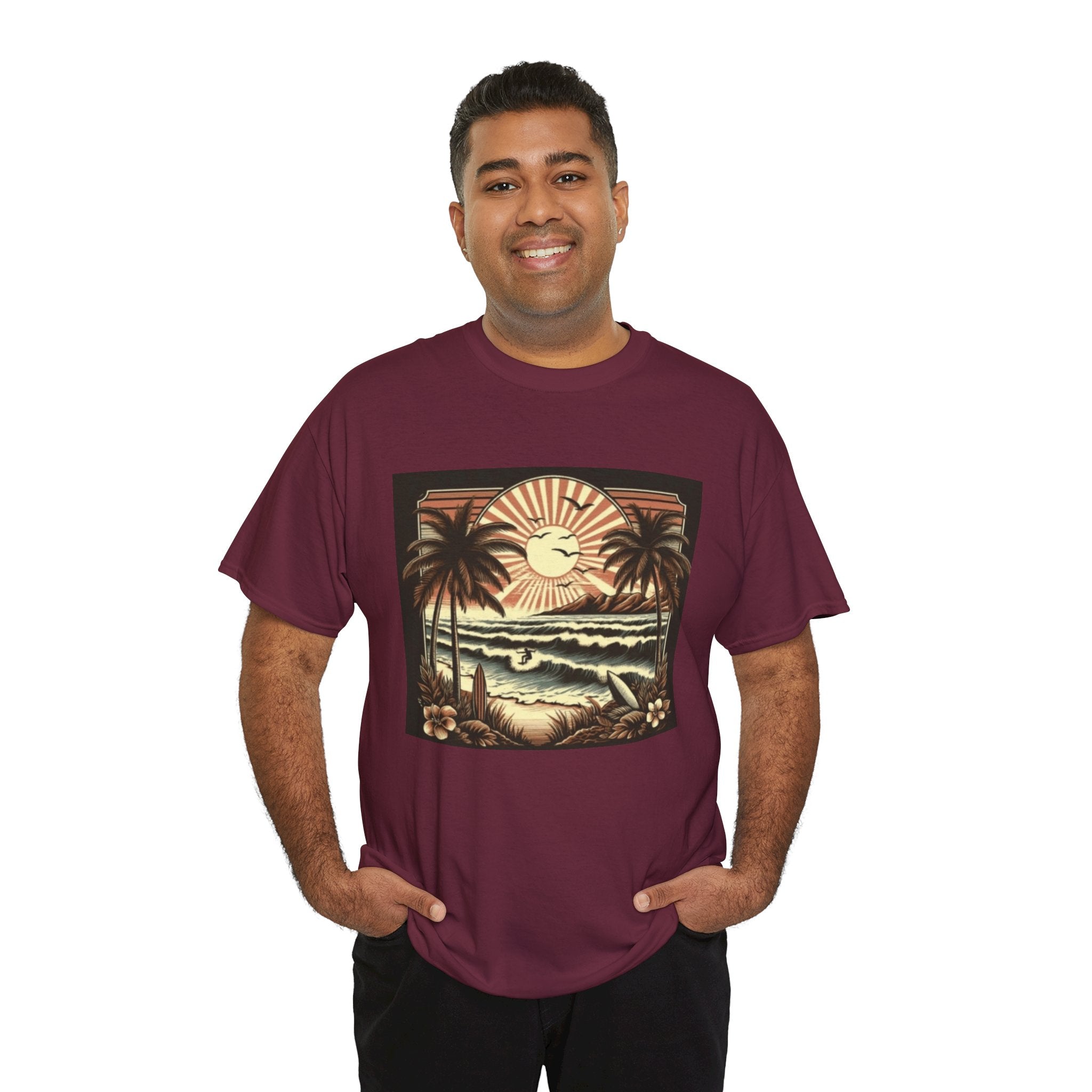 Retro Tropical Beach T-Shirt — Vintage Palm Sunset Graphic Tee