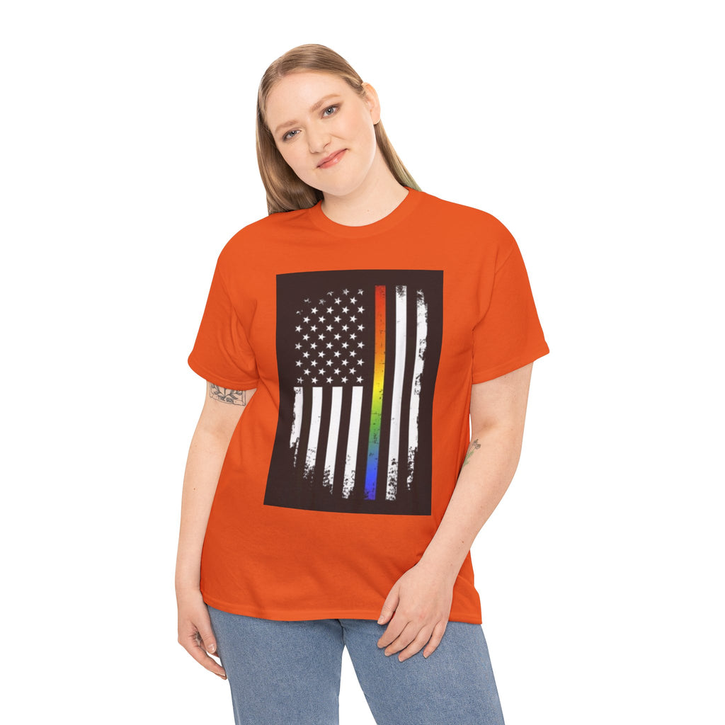 LGBTQ+ Pride Flag T‑Shirt — Distressed American Flag with Rainbow Stripe