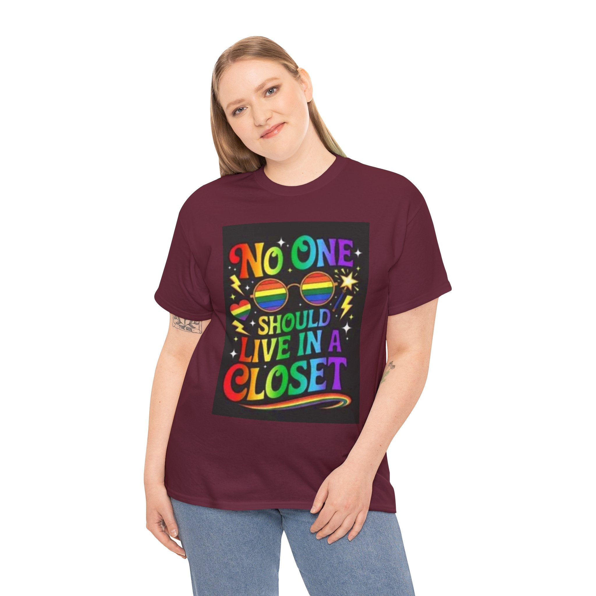 T‑Shirt — "No One Should Live in a Closet" Rainbow Pride Tee
