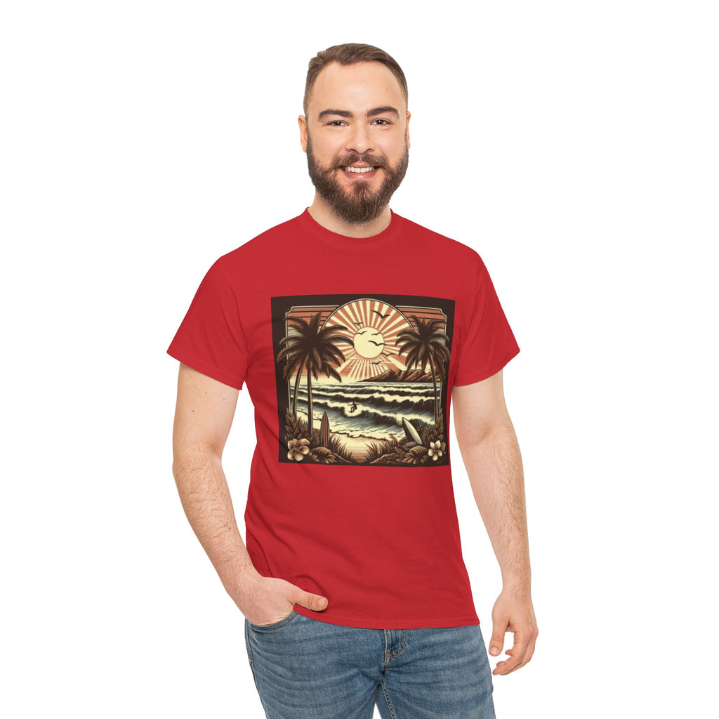 Retro Tropical Beach T-Shirt — Vintage Palm Sunset Graphic Tee