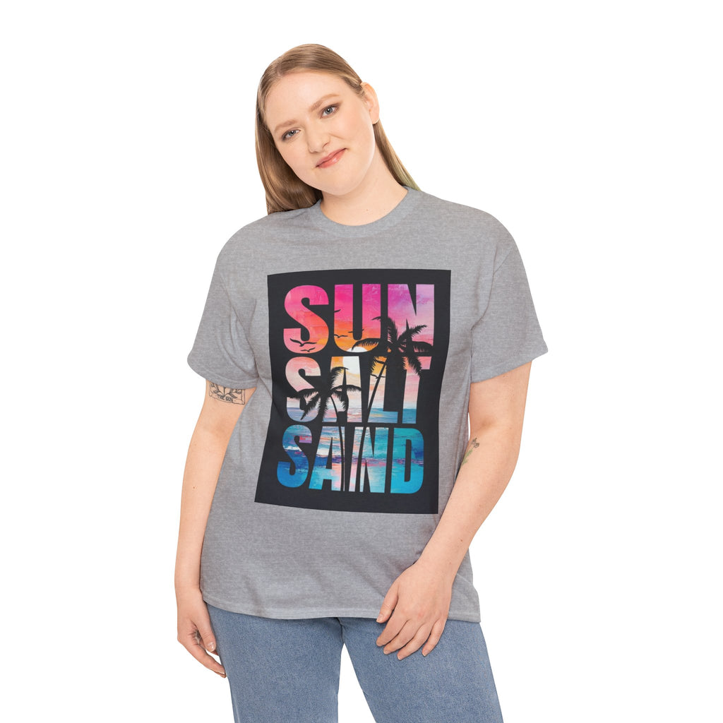 Sun Salt Sand Beach T-Shirt — Tropical Palm Sunset Graphic Tee