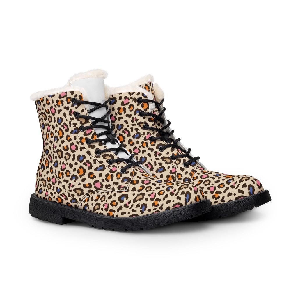 Leopard Print Fur-Lined Leather Boots — Women's Warm Winter Ankle Boots