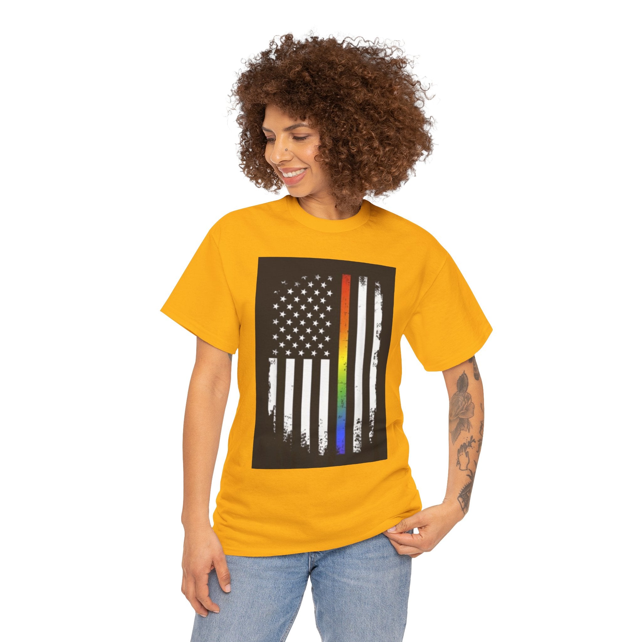 LGBTQ+ Pride Flag T‑Shirt — Distressed American Flag with Rainbow Stripe