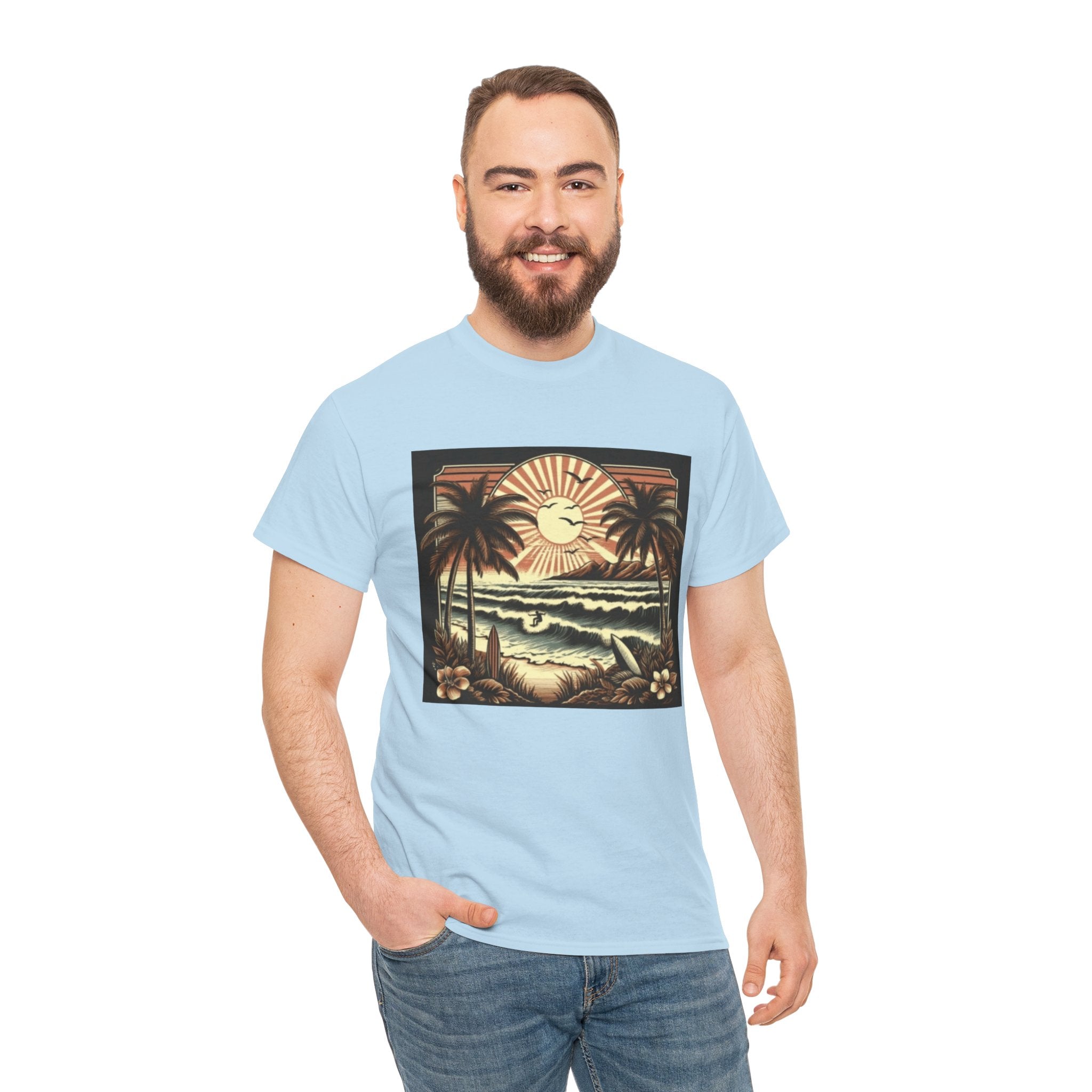 Retro Tropical Beach T-Shirt — Vintage Palm Sunset Graphic Tee