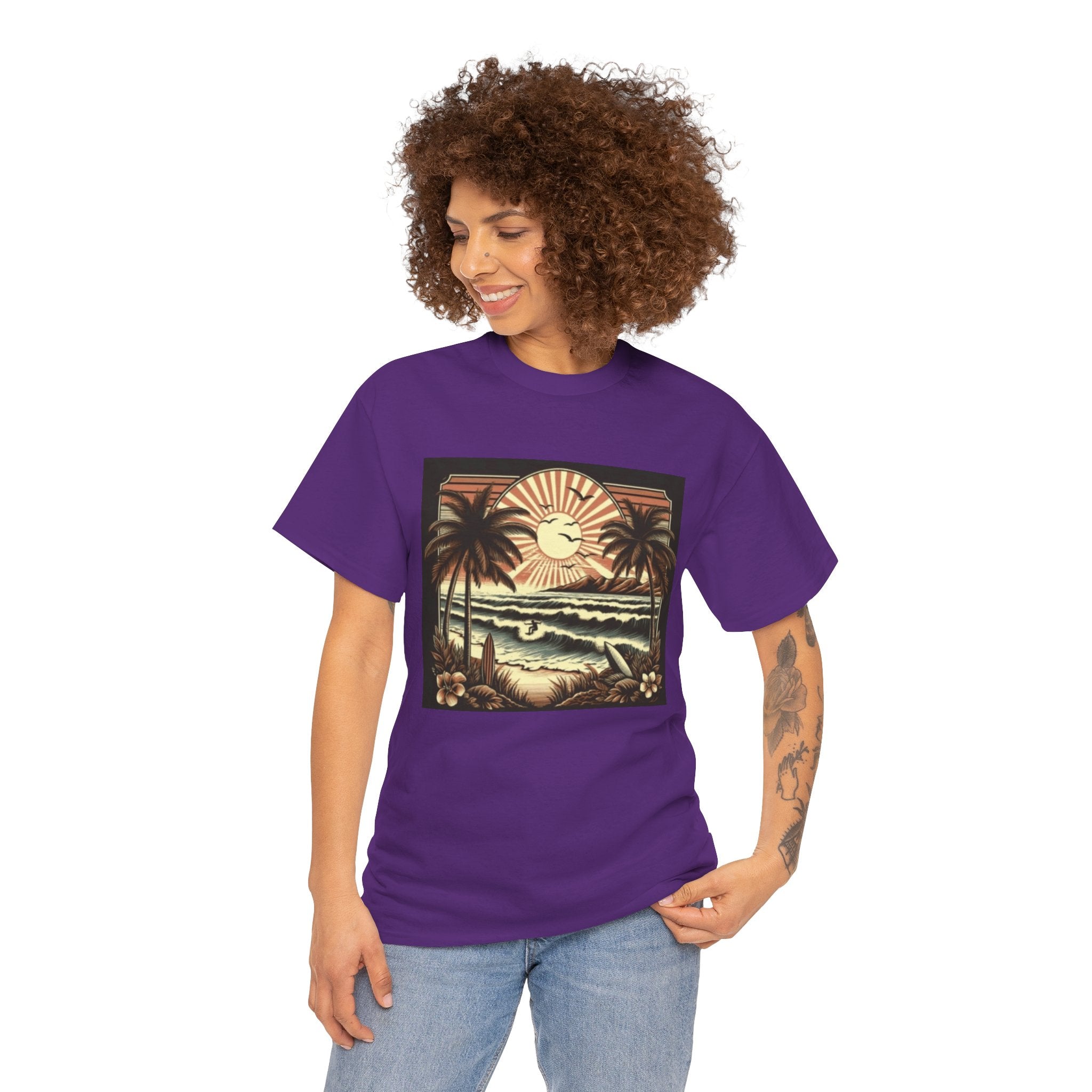 Retro Tropical Beach T-Shirt — Vintage Palm Sunset Graphic Tee