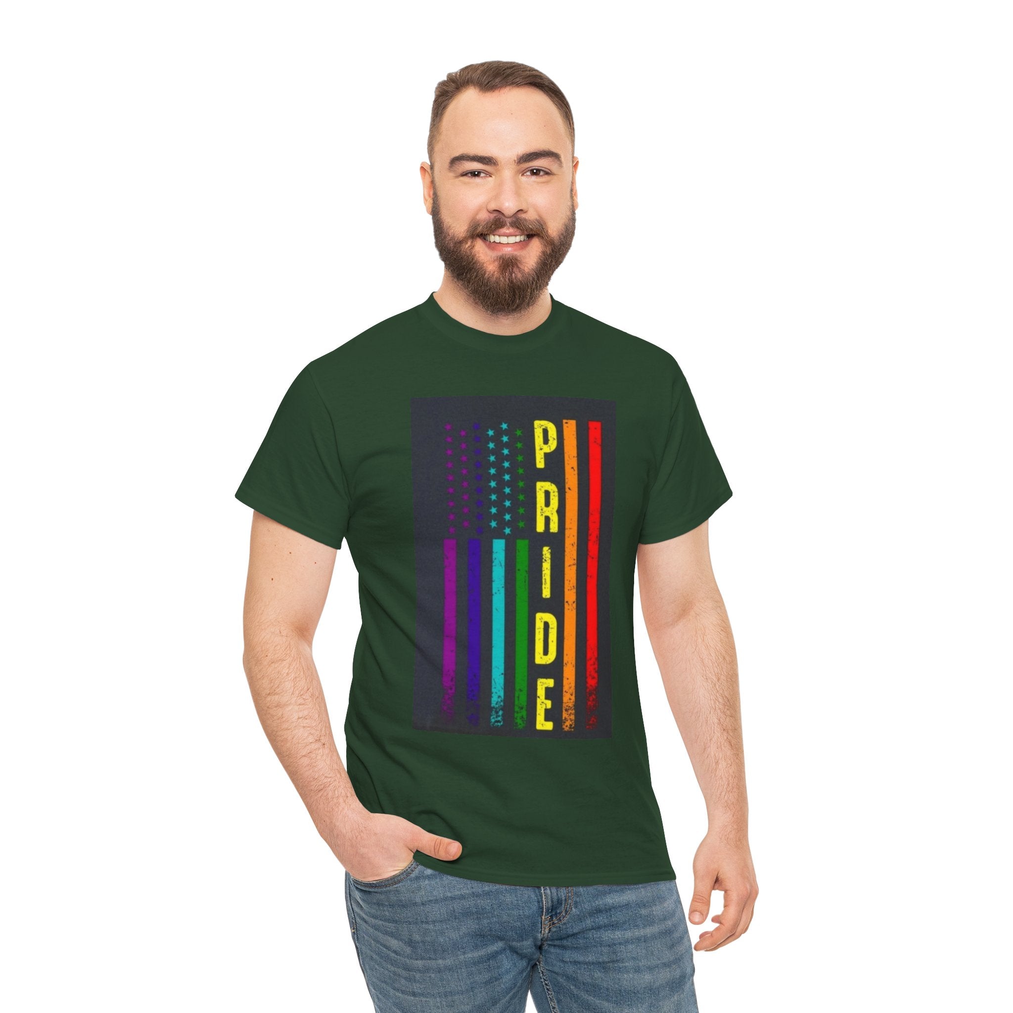 Pride Rainbow Flag Tee — Vertical "PRIDE" Graphic T-Shirt