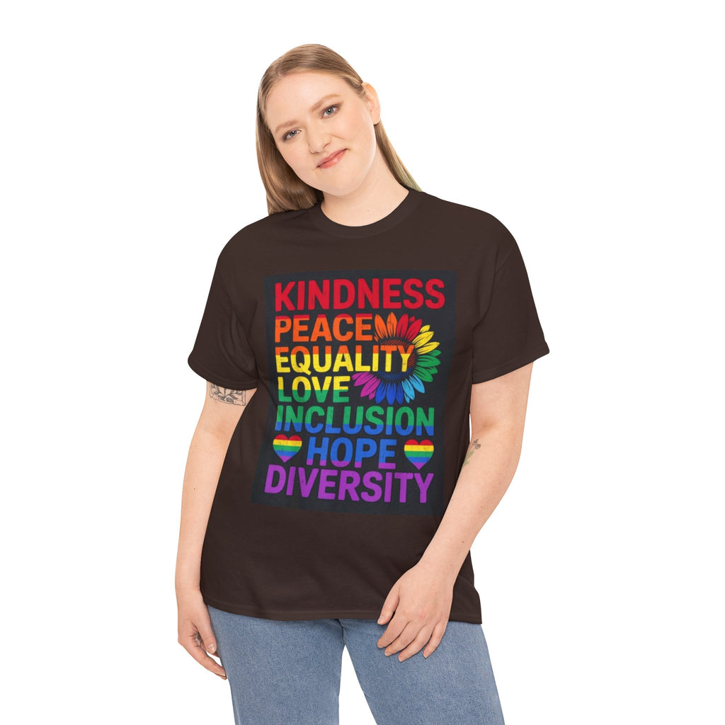 Kindness Peace Equality Rainbow T-Shirt — Pride Inclusion & Diversity Tee