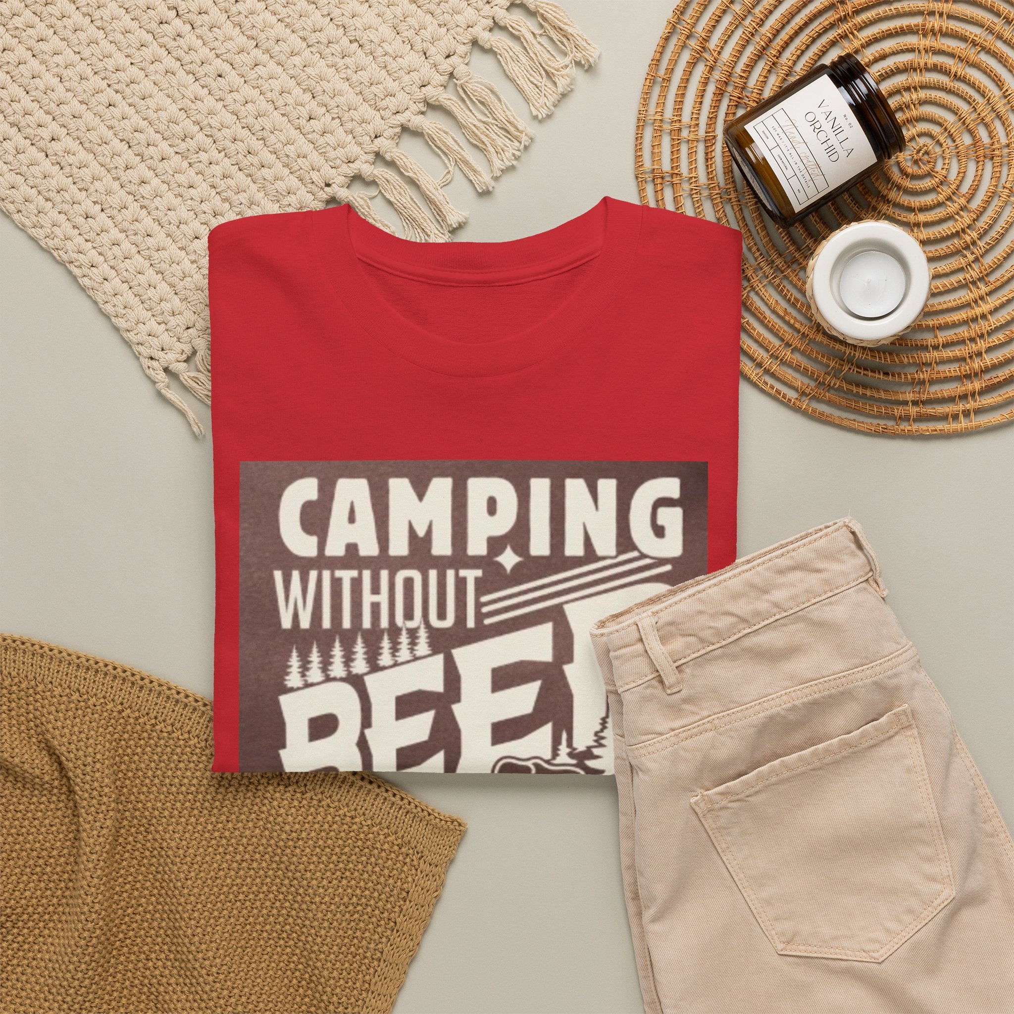 Camping Beer T-Shirt — "Camping Without Beer Is Just Sitting in the Woods" Outdoor Campfire Tee