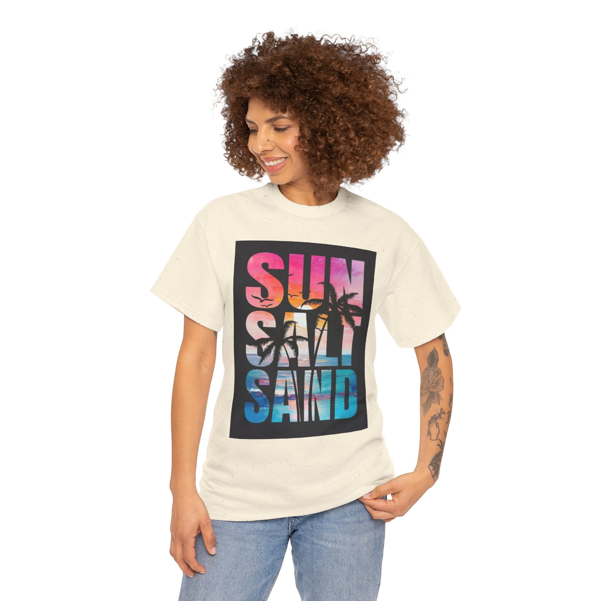Sun Salt Sand Beach T-Shirt — Tropical Palm Sunset Graphic Tee