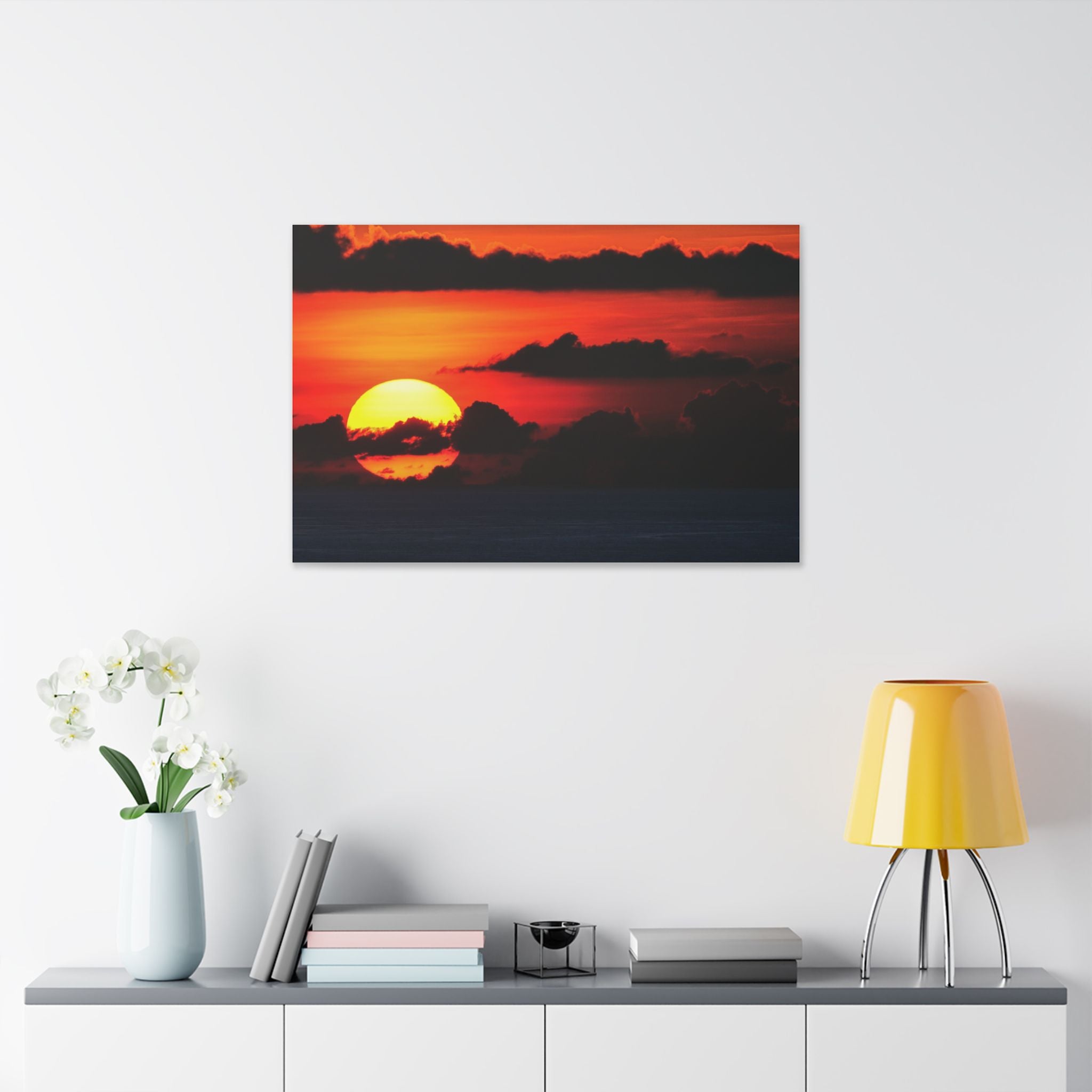 Sunset Ocean Canvas Print — Dramatic Red Sunset Wall Art