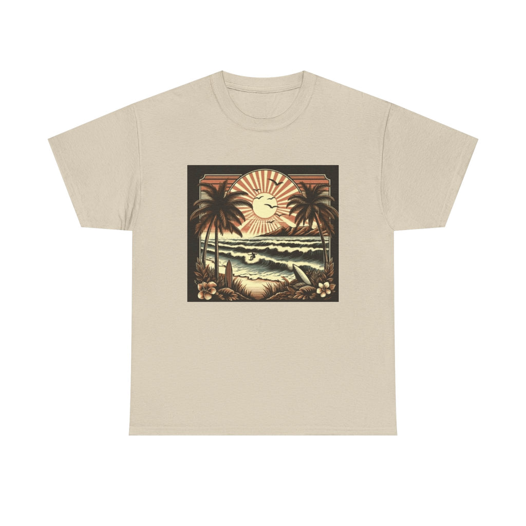 Retro Tropical Beach T-Shirt — Vintage Palm Sunset Graphic Tee