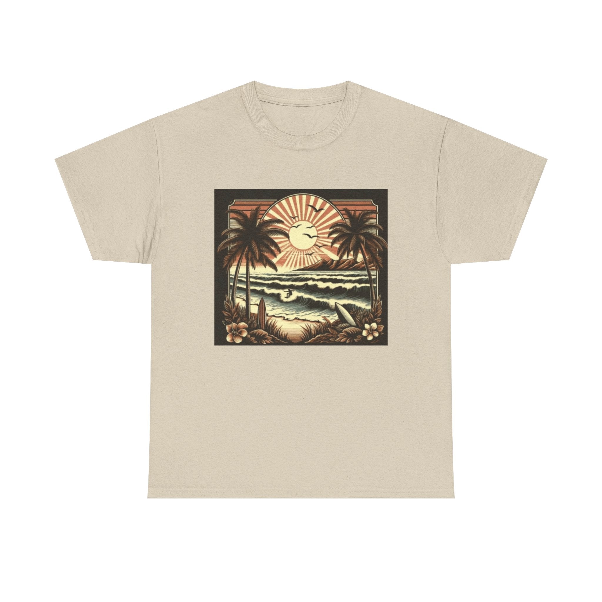 Retro Tropical Beach T-Shirt — Vintage Palm Sunset Graphic Tee