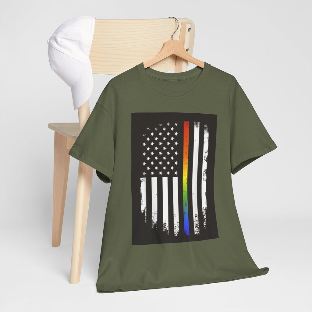 LGBTQ+ Pride Flag T‑Shirt — Distressed American Flag with Rainbow Stripe
