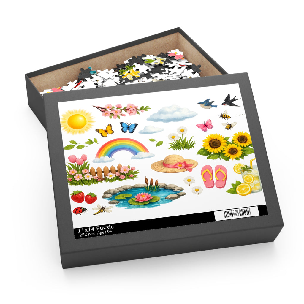 Springtime Sticker Puzzle — 120/252/500-Piece Jigsaw with Rainbow, Sunflowers & Garden Icons