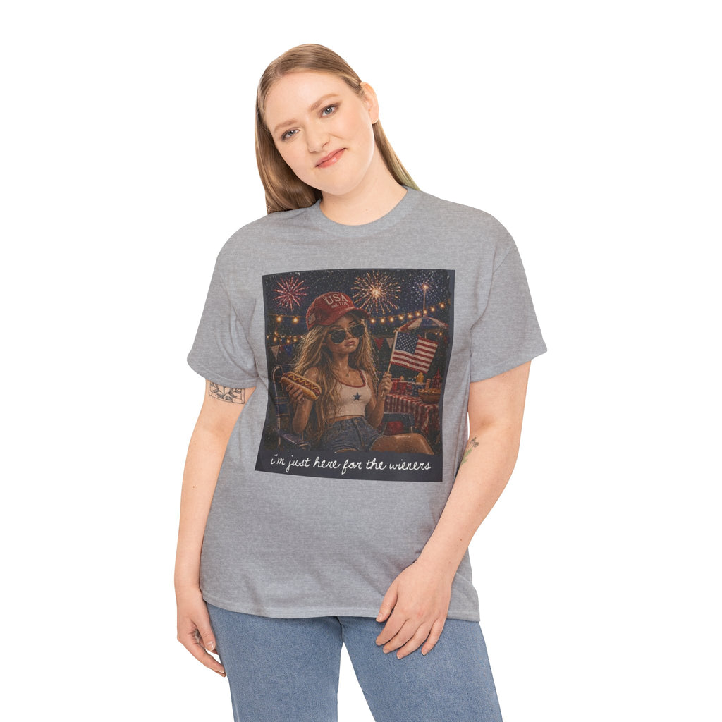 Patriotic Girl Graphic Tee — "I'm Just Here for the Fireworks" 4th of July Shirt