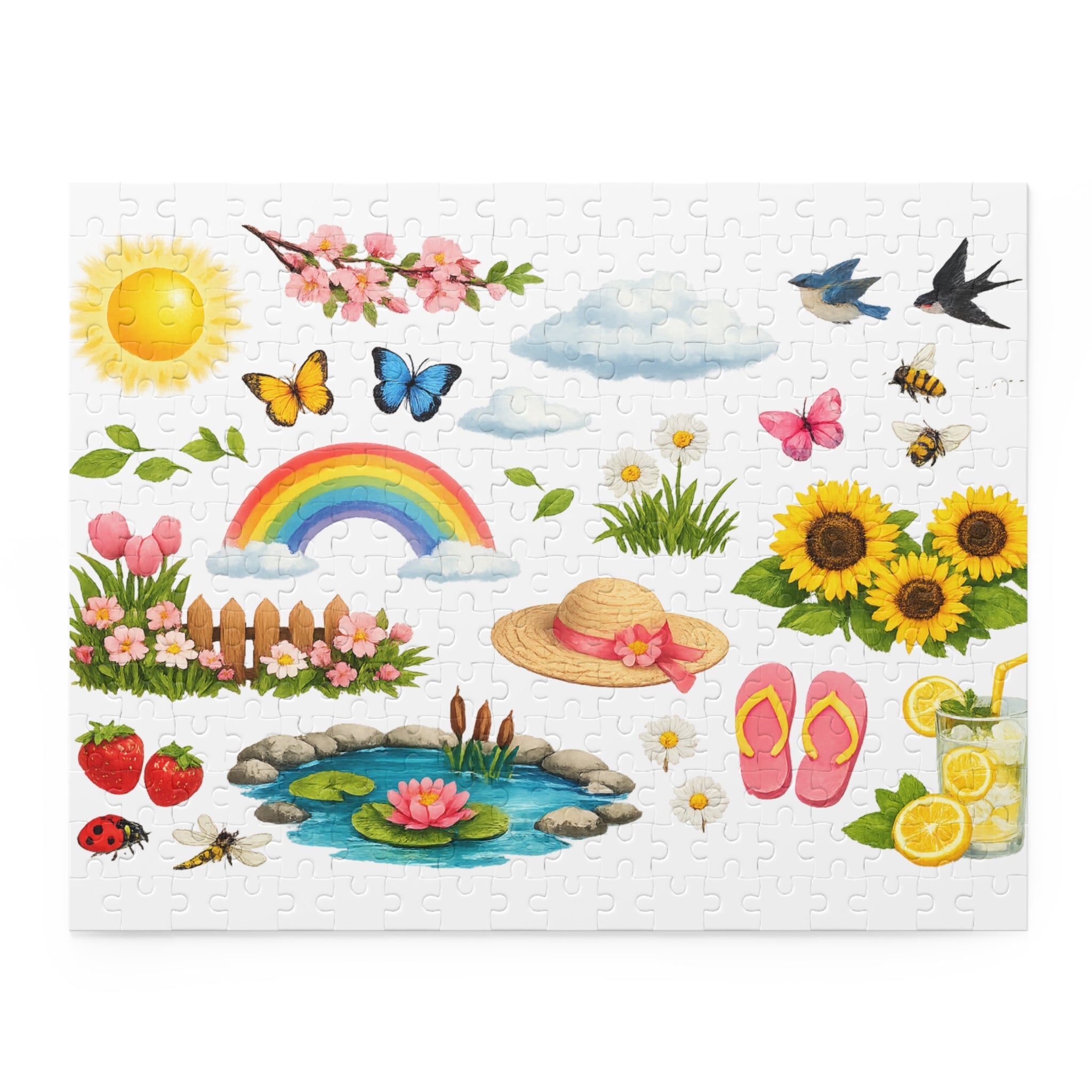 Springtime Sticker Puzzle — 120/252/500-Piece Jigsaw with Rainbow, Sunflowers & Garden Icons