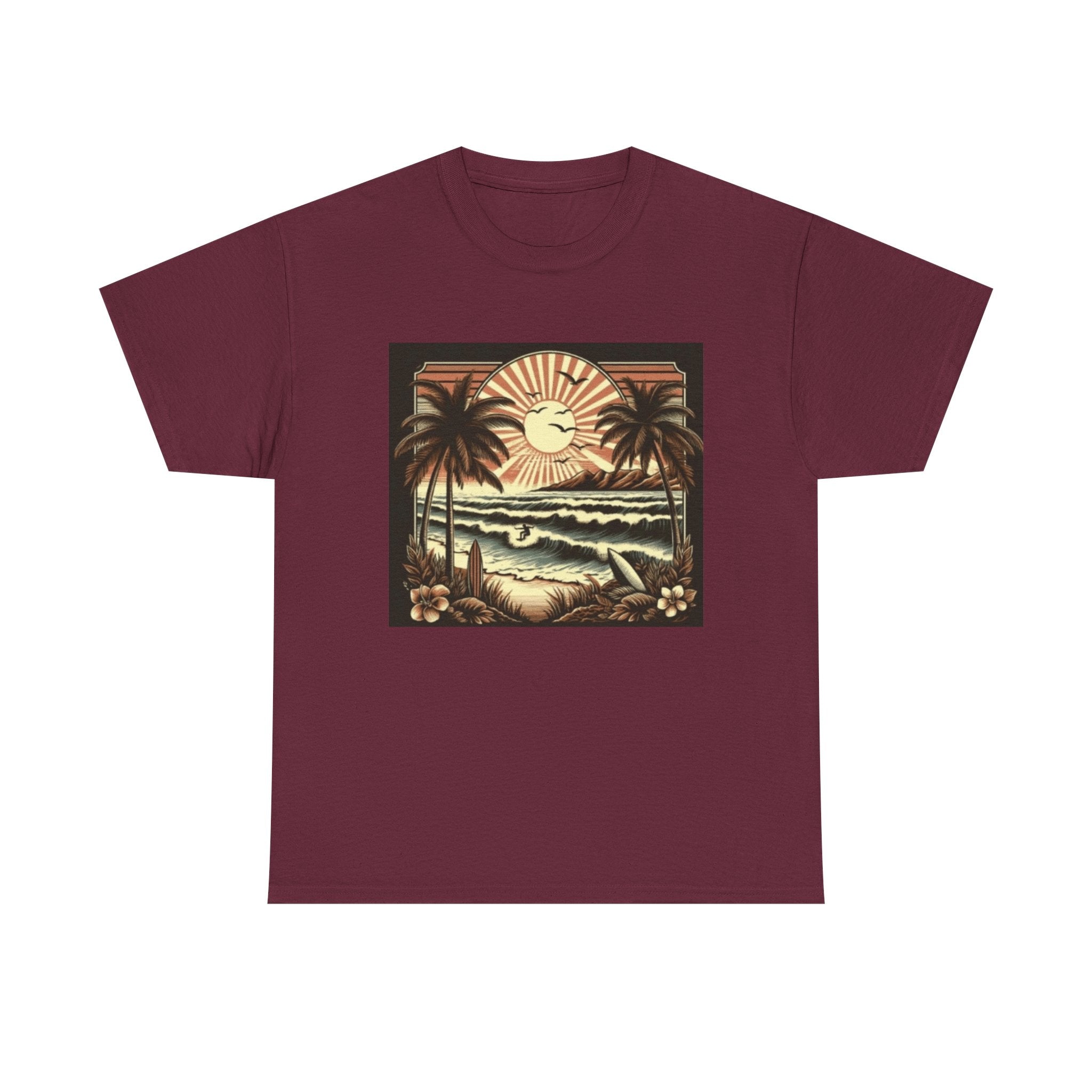 Retro Tropical Beach T-Shirt — Vintage Palm Sunset Graphic Tee