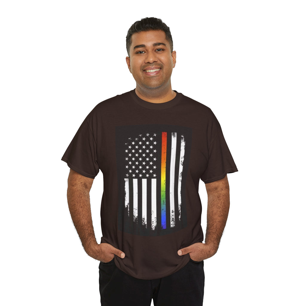 LGBTQ+ Pride Flag T‑Shirt — Distressed American Flag with Rainbow Stripe