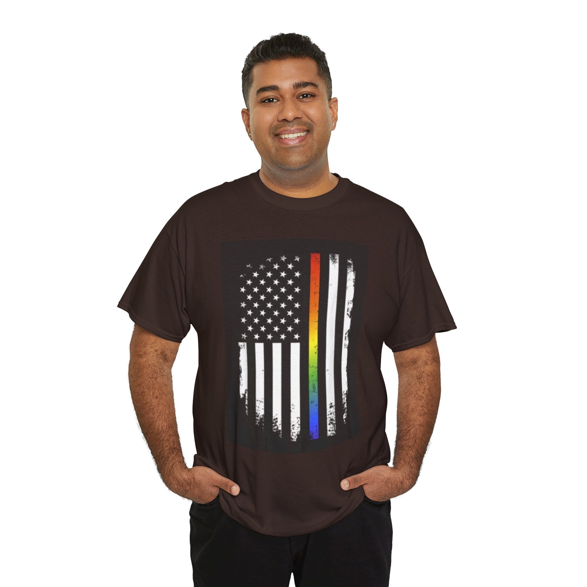 LGBTQ+ Pride Flag T‑Shirt — Distressed American Flag with Rainbow Stripe