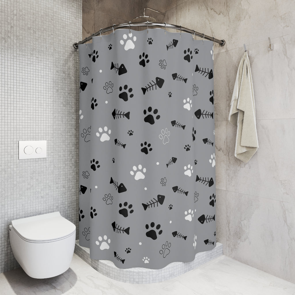 Paw Print & Fishbone Shower Curtain – Gray Cat & Dog