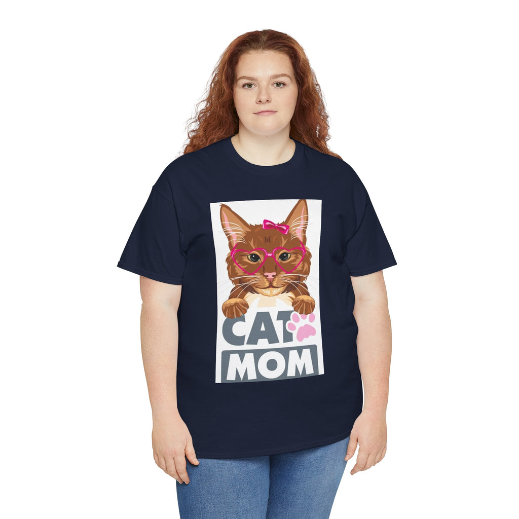 Cat Mom T-Shirt — Cute Cat Face Graphic Tee with "CAT MOM" Paw Print